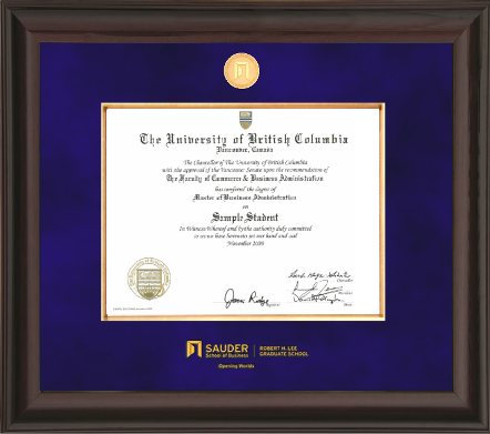 SAUDER MBA - Mahogany finish wood frame, blue velvet matting and gold medallion and embossed logo